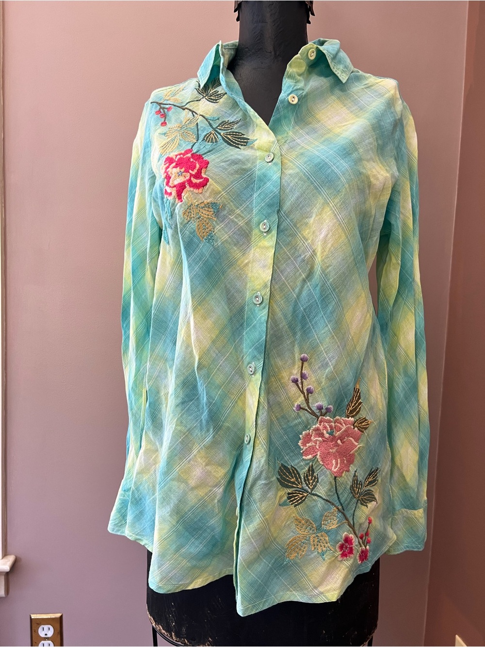 Johnny Was Workshop Blue and Green Adele Button Down Shirt Embroidered Detail S